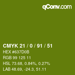 Color code: CMYK 21 / 0 / 91 / 51 | qconv.com