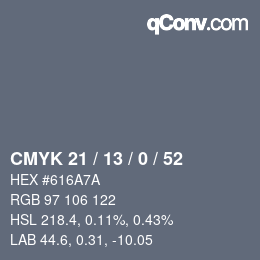 カラーコード: CMYK 21 / 13 / 0 / 52 | qconv.com