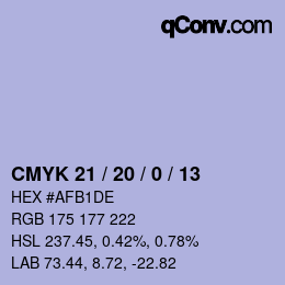 Code couleur: CMYK 21 / 20 / 0 / 13 | qconv.com