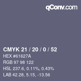 カラーコード: CMYK 21 / 20 / 0 / 52 | qconv.com