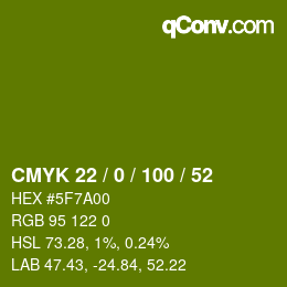 颜色代码: CMYK 22 / 0 / 100 / 52 | qconv.com