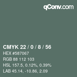 Color code: CMYK 22 / 0 / 8 / 56 | qconv.com