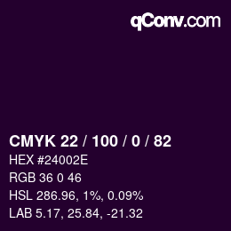 Code couleur: CMYK 22 / 100 / 0 / 82 | qconv.com