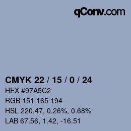 カラーコード: CMYK 22 / 15 / 0 / 24 | qconv.com