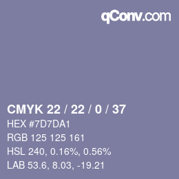 Código de color: CMYK 22 / 22 / 0 / 37 | qconv.com