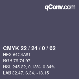 カラーコード: CMYK 22 / 24 / 0 / 62 | qconv.com