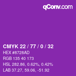 カラーコード: CMYK 22 / 77 / 0 / 32 | qconv.com