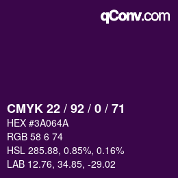 Color code: CMYK 22 / 92 / 0 / 71 | qconv.com