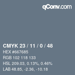 Code couleur: CMYK 23 / 11 / 0 / 48 | qconv.com
