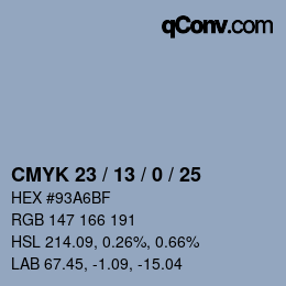 Farbcode: CMYK 23 / 13 / 0 / 25 | qconv.com