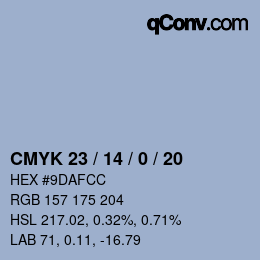 カラーコード: CMYK 23 / 14 / 0 / 20 | qconv.com
