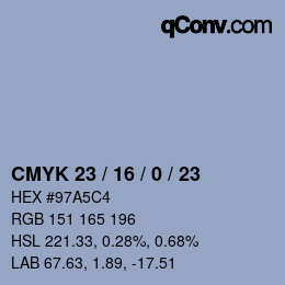 カラーコード: CMYK 23 / 16 / 0 / 23 | qconv.com