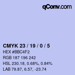カラーコード: CMYK 23 / 19 / 0 / 5 | qconv.com