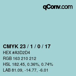 Code couleur: CMYK 23 / 1 / 0 / 17 | qconv.com