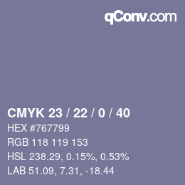 カラーコード: CMYK 23 / 22 / 0 / 40 | qconv.com