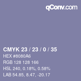 カラーコード: CMYK 23 / 23 / 0 / 35 | qconv.com