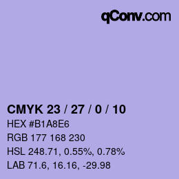 カラーコード: CMYK 23 / 27 / 0 / 10 | qconv.com