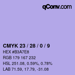 カラーコード: CMYK 23 / 28 / 0 / 9 | qconv.com