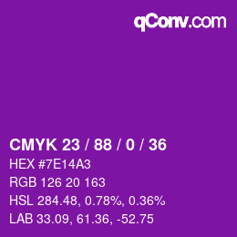カラーコード: CMYK 23 / 88 / 0 / 36 | qconv.com