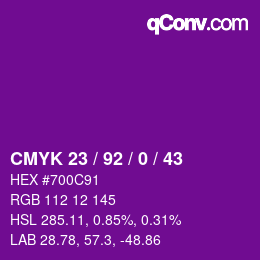 カラーコード: CMYK 23 / 92 / 0 / 43 | qconv.com
