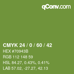 カラーコード: CMYK 24 / 0 / 60 / 42 | qconv.com