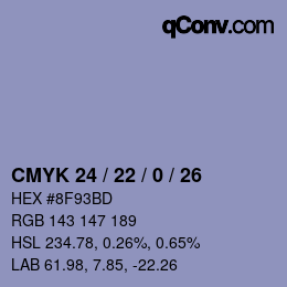 カラーコード: CMYK 24 / 22 / 0 / 26 | qconv.com