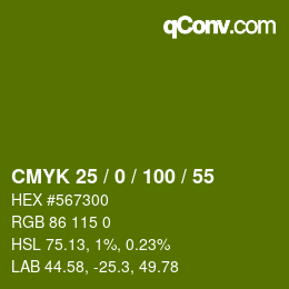 Color code: CMYK 25 / 0 / 100 / 55 | qconv.com