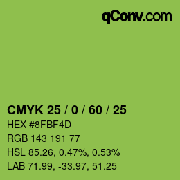 カラーコード: CMYK 25 / 0 / 60 / 25 | qconv.com