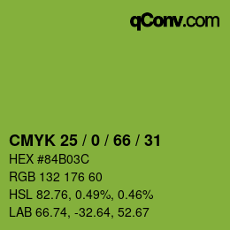 Farbcode: CMYK 25 / 0 / 66 / 31 | qconv.com