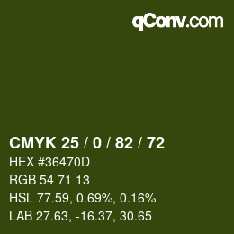 Color code: CMYK 25 / 0 / 82 / 72 | qconv.com
