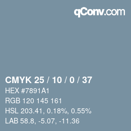 Code couleur: CMYK 25 / 10 / 0 / 37 | qconv.com