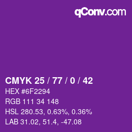 Color code: CMYK 25 / 77 / 0 / 42 | qconv.com