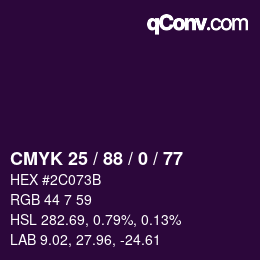 Color code: CMYK 25 / 88 / 0 / 77 | qconv.com