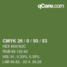 Color code: CMYK 26 / 0 / 50 / 53 | qconv.com