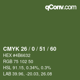 颜色代码: CMYK 26 / 0 / 51 / 60 | qconv.com