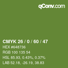 カラーコード: CMYK 26 / 0 / 60 / 47 | qconv.com