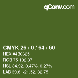 Code couleur: CMYK 26 / 0 / 64 / 60 | qconv.com