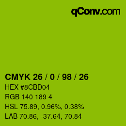 カラーコード: CMYK 26 / 0 / 98 / 26 | qconv.com