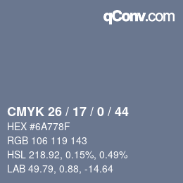 Farbcode: CMYK 26 / 17 / 0 / 44 | qconv.com