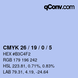 カラーコード: CMYK 26 / 19 / 0 / 5 | qconv.com