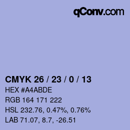 Color code: CMYK 26 / 23 / 0 / 13 | qconv.com