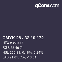 Color code: CMYK 26 / 32 / 0 / 72 | qconv.com