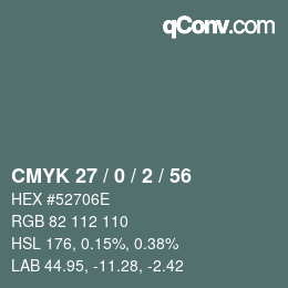 Farbcode: CMYK 27 / 0 / 2 / 56 | qconv.com