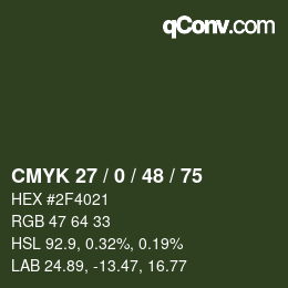 Farbcode: CMYK 27 / 0 / 48 / 75 | qconv.com