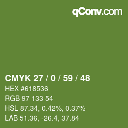 Color code: CMYK 27 / 0 / 59 / 48 | qconv.com