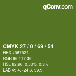 Color code: CMYK 27 / 0 / 69 / 54 | qconv.com