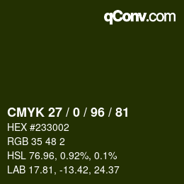 Farbcode: CMYK 27 / 0 / 96 / 81 | qconv.com