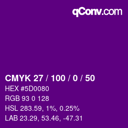 颜色代码: CMYK 27 / 100 / 0 / 50 | qconv.com