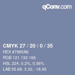 Color code: CMYK 27 / 20 / 0 / 35 | qconv.com