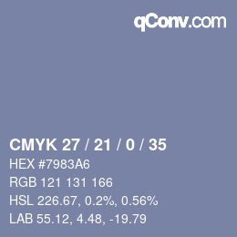 カラーコード: CMYK 27 / 21 / 0 / 35 | qconv.com
